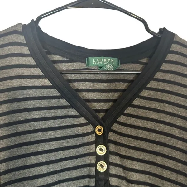 Lauren Ralph Lauren Gray & Black Striped Long Sleeve Henley Blouse Women Sz M - Image 5