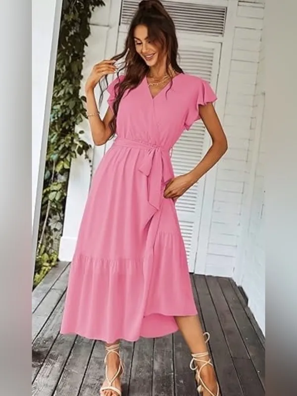 Prettygarden pink boho flowy Maxi wrap dress V Neck short Ruffle sleeve NWT SM - Image 4