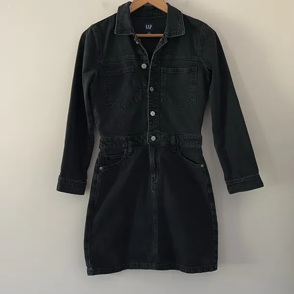 GAP Denim Mini Dress Long Sleeve Pocket in Black Wash‎ Button Front Size 4 - Image 14