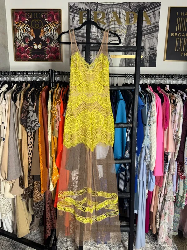 For Love Lemons Antigua Maxi Dress Chartreuse Lace Mesh Sheer Overlay Womens XS - Image 2