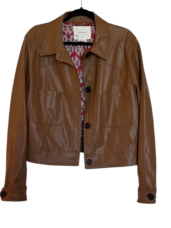 NEW Anthropologie Katy cropped vegan leather button jacket camel brown coat Xs - Image 2