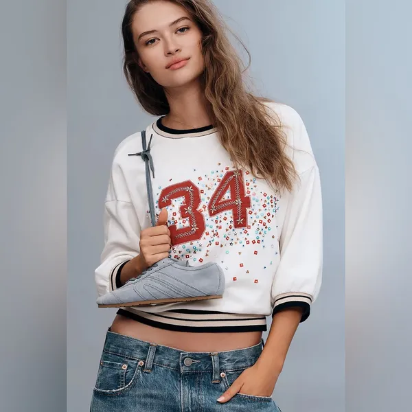 Anthro Anthropologie Pilcro Beaded Varsity Crewneck‎ Sweatshirt size xs nwt - Image 10