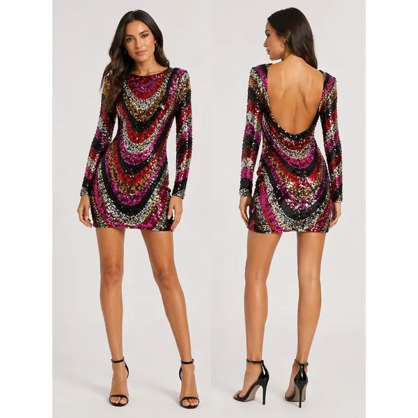B DARLIN Sequined Low-Back Mini Dress Juniors XS Multi Crew‎ Neck Long Sleeve - Image 2