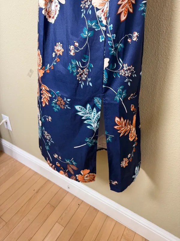 Drape Neck Floral Tank Dress with Side Slit Size Small Navy - Image 3