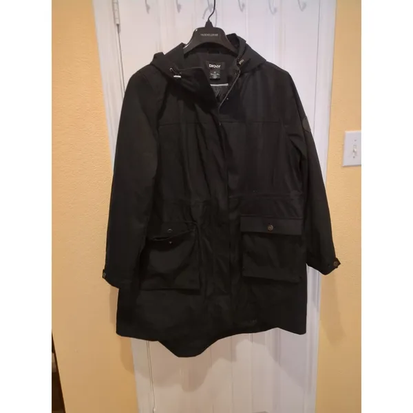 DKNY Womens Water Resistant Black Raincoat Hooded Parka Jacket, Size XXL - Image 7
