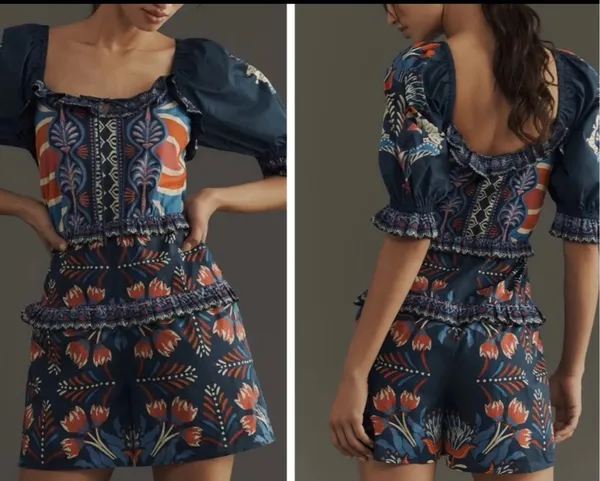 Farm Rio Puff-Sleeve Ruffled Floral Cotton Romper, Size S/M - Image 2