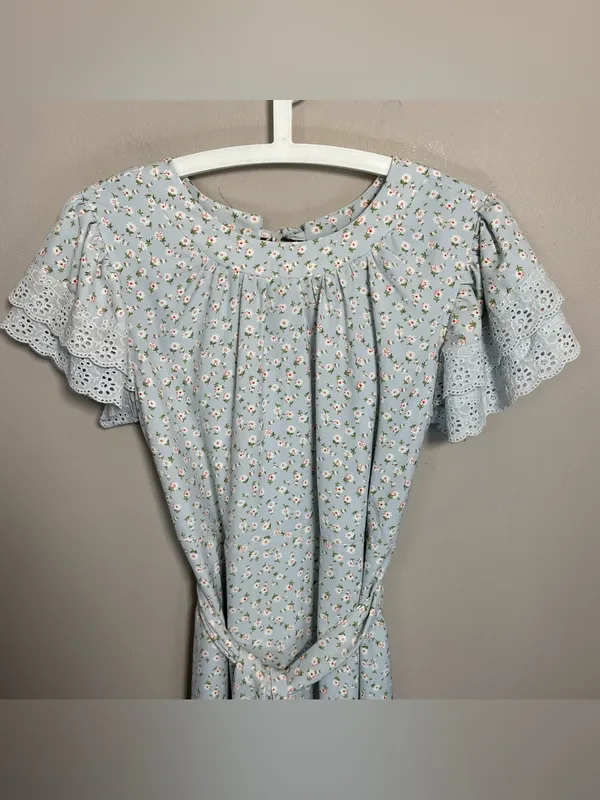 JessaKae Dainty Floral Belted Midi Dress Lace Eyelet Sleeves - Image 9