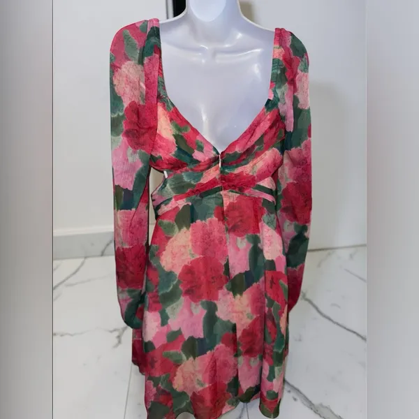 Louna- Floral Pink Multi Long-Sleeve Cut-Out Mini Dress Size Medium - Image 7