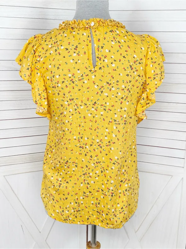 Loft Floral Flutter Sleeve Ruffle‎ Collar Blouse Top Yellow Small Cottageore - Image 4