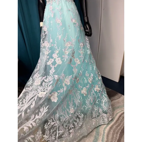 Morrell Maxie Size 4 Aqua White Floral Lace Off‎ Shoulder Formal Gown - Image 11