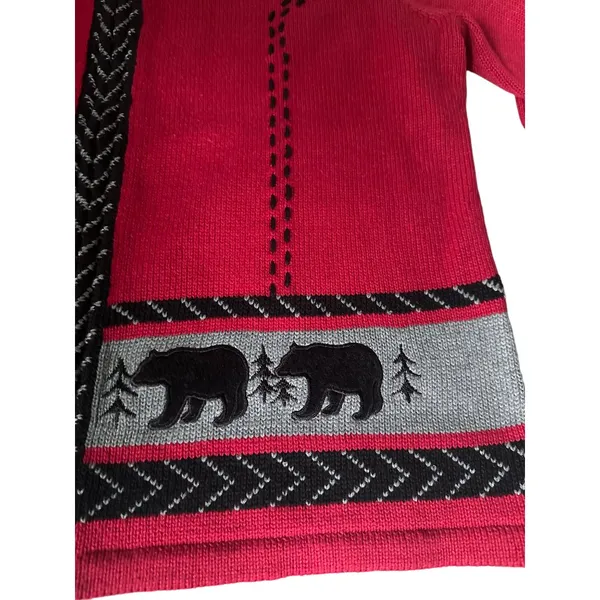 Timberlea Women's Red Black‎ Bear Motif Cardigan Sweater XL - Image 8