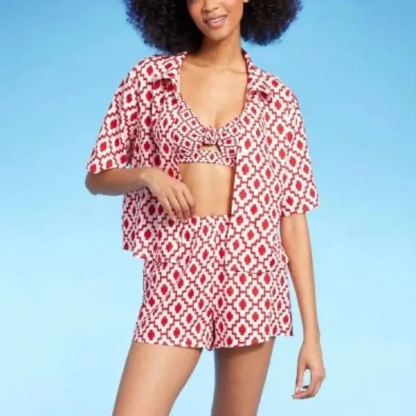 Shade & Shore™ Cropped Button-Up Short Sleeve Cover Up Top - Size XL - Red - NWT - Image 3