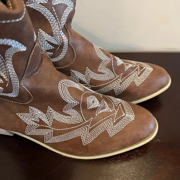 Retro Women Embroidery Square Heels Slip-On Short Booties Pointed Toe - Image 3