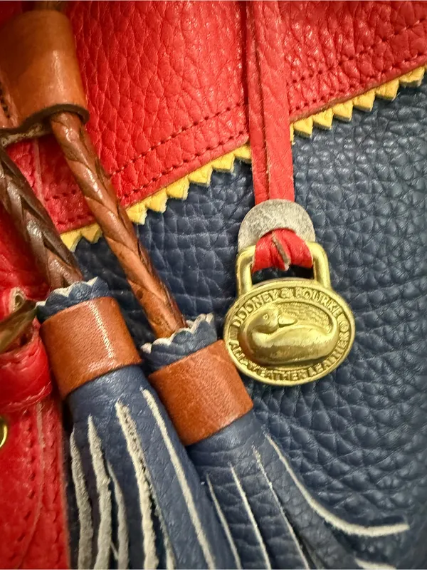 Rare Vintage DOONEY & BOURKE Teton AWL Lipstick Red Navy Yellow Leather Backpack - Image 16