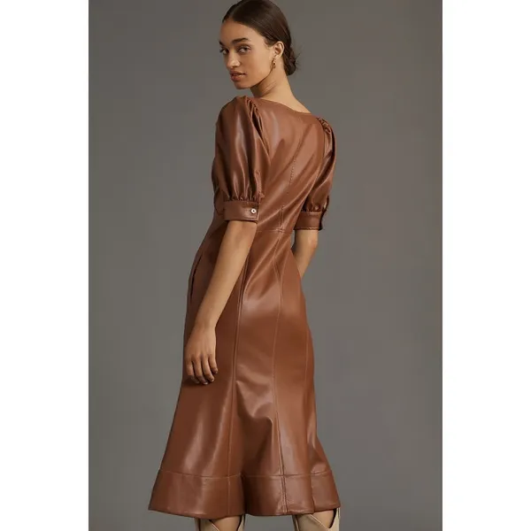 NWT By Anthropologie Vegan Leather Puff Sleeve Zip Front Midi Dress Size 2 Brown - Image 5