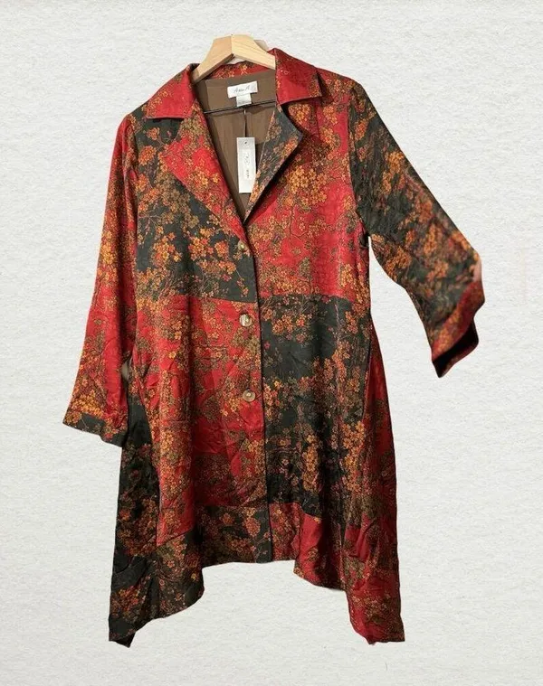 NWT Ania A VTG Floral Artsy Boho Patchwork Button Asymmetrical Red Light Jacket Size L - Image 3