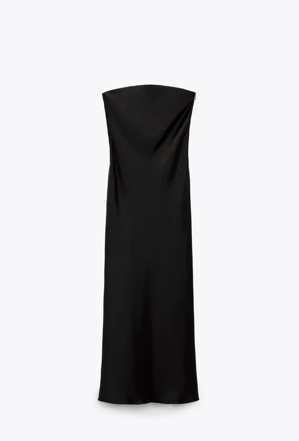 Zara Elegant Black Strapless Satin Midi Evening Dress - Image 5