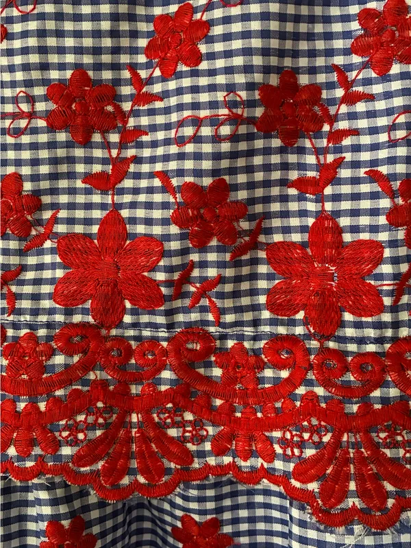 Entro Cotton Gingham Fit & Flare Dress Red Floral Lace Embroidered Sz. L - Image 9