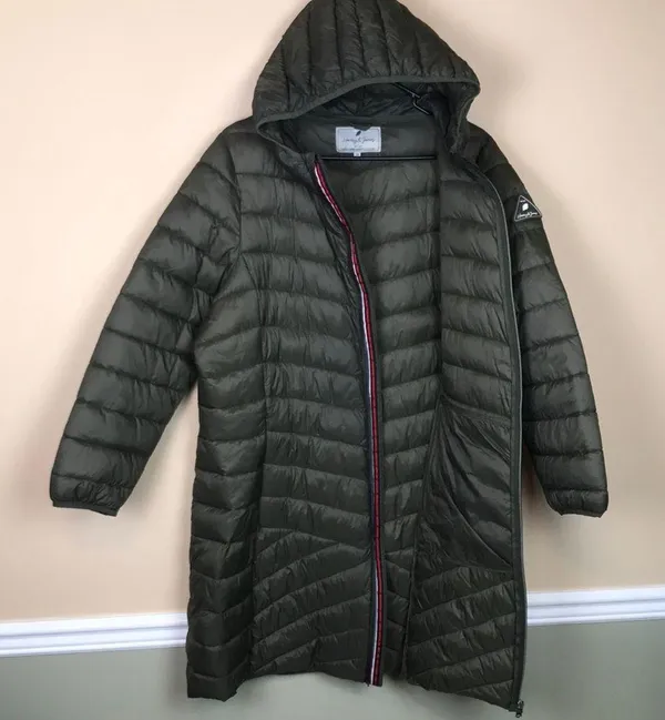 Harvey & Jones Women's Olive Green Nylon Long Line Hooded Puffer Coat - Image 9