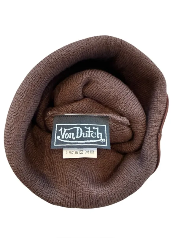 VON DUTCH Patcher Beanie Embroidered Pink Patch Velvet Brown One Size NEW - Image 5