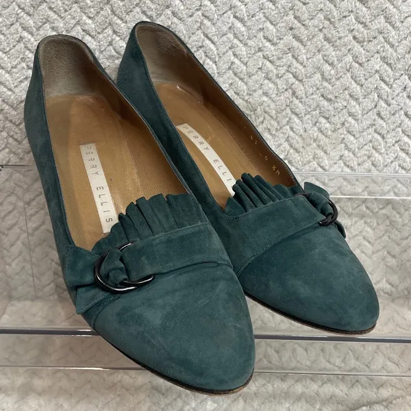 Vintage Perry‎ Ellis Womens 6.5 Classic Teal Suede Kitten Heel Preppy Loafers - Image 3