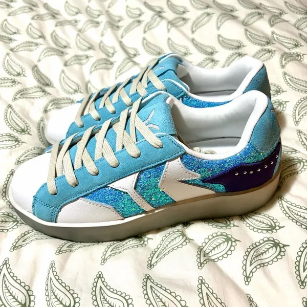 COB CULTURE OF BRAVE White Leather Neon Glare Blue Glitter Wing Sneaker 8-8.5 - Image 6