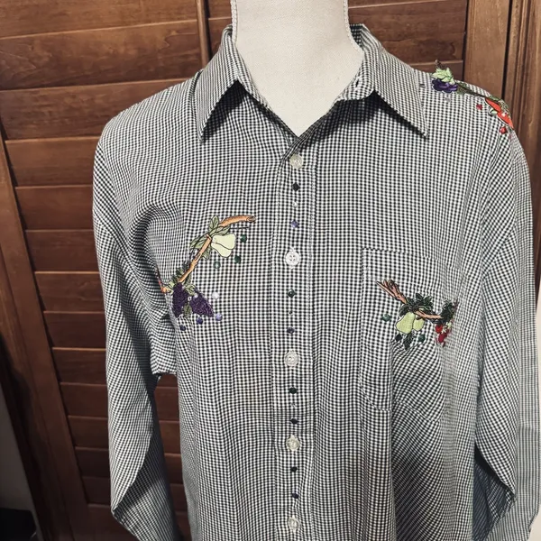 Mili Designs Vintage Gingham Fruit Embroidered Button Down Shirt Black White L - Image 3