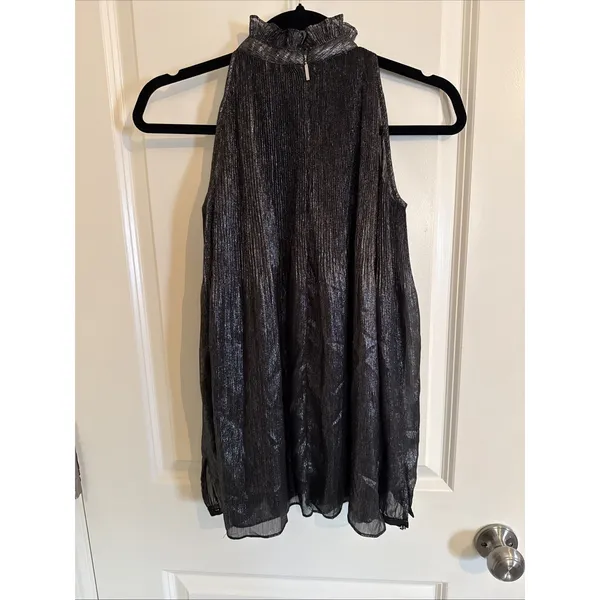 Lauren Ralph Lauren Black Metallic Cold Shoulder Blouse Accordion‎ Plissé Small - Image 4