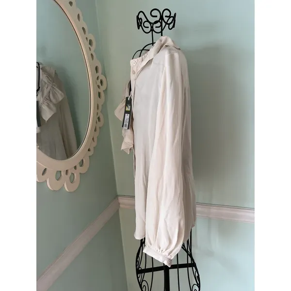 New Nili Lotan Women's XXS Long‎ Sleeve Sheer Ruffle Button Blouse Birch Ivory - Image 6