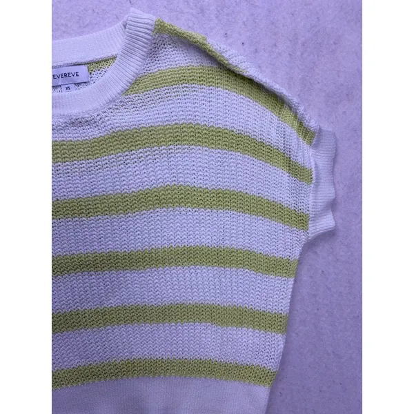 EVEREVE Short Sleeve Sweater Womens XS White Lime Striped Cotton Knit Pullover - Image 5
