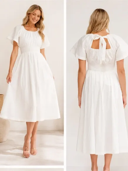 White Cotton Smocked Waist Maxi Dress with Pockets | Boutique NWT - Image 4