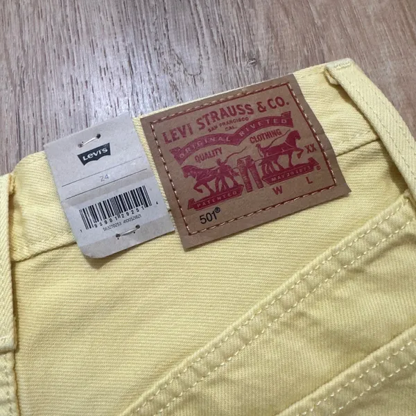 Levi's | NWT Women's 501 Yellow High Rise Frayed Raw Hem‎ Denim Shorts, Size 24 - Image 6