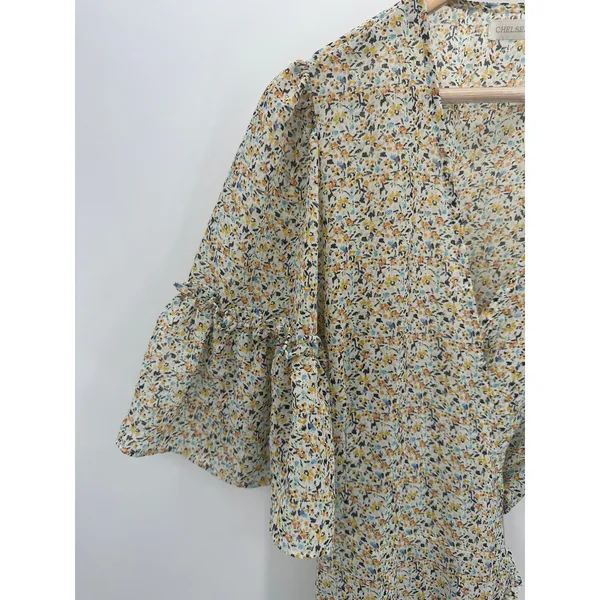 Chelsea &‎ Violet Womens Yellow Microfloral Wrap Dress XS Ruffle Sheer Mini - Image 4
