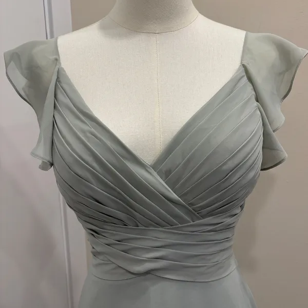 JJ's House‎ Soft Sage Green Chiffon Pleated V-Neck Flutter Sleeve Gown Bridal XS - Image 3