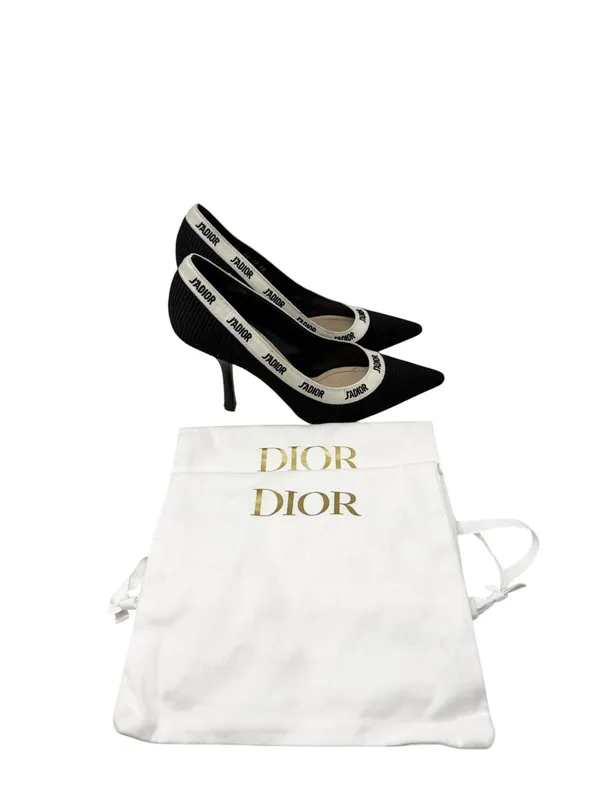 Dior J’Adior Logo Ribbon Black Canvas Slip On Pointed Toe Pumps Size 38 - Image 2