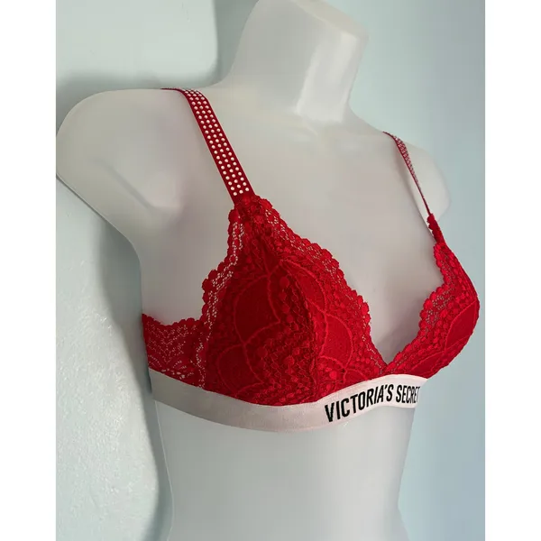 Victoria's Secret Wireless Bra Red Lace Sparkle Strap XS - Image 2