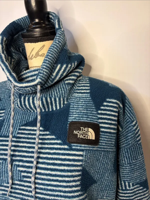 The North Face Riit cowl funnel neck fleece kangaroo pocket pullover teal blue L - Image 4