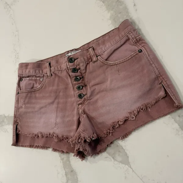 Free People Runaway Distressed Raw Hem Button Fly Shorts Women’s 28 Fig/Mauve - Image 3