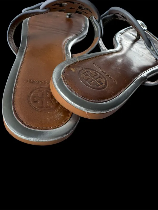 Tory Burch Brown Leather Sandals with Silver Logo Medallions - Image 6