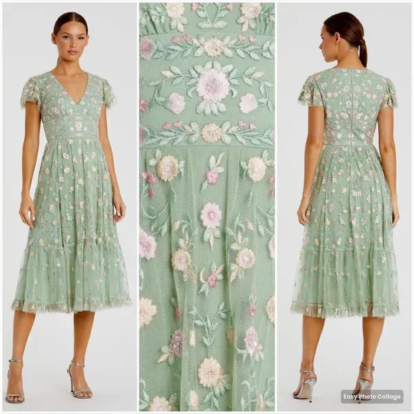 Mac Duggal 35104 Green Multicolor Embroidered V Neck Cap Sleeve Midi Dress - Image 2