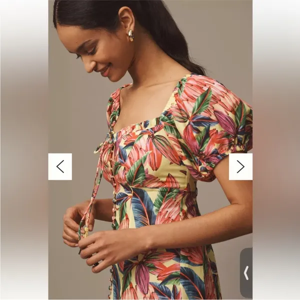 Farm Rio x Anthropologie Puff-Sleeve Sweetheart Linen‎ Midi Dress size XS - Image 4