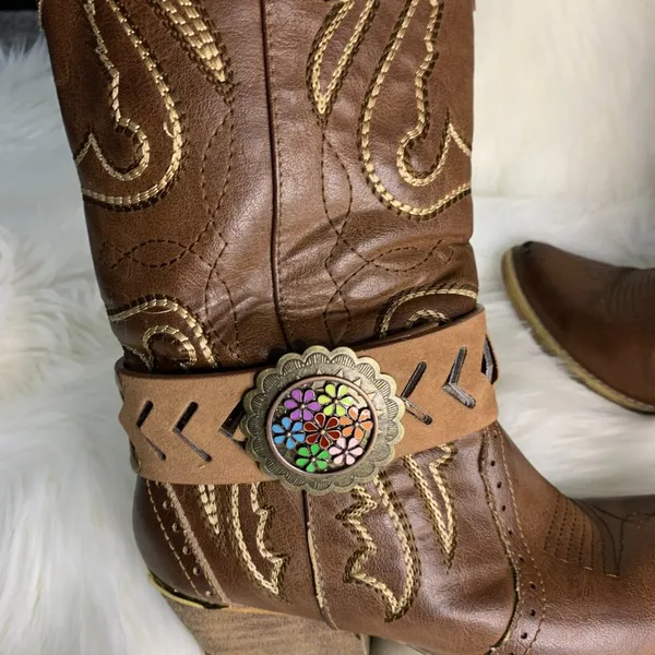 Handmade Womens Brown Leather Floral Metal Buckle Removable Boot Band One Size - Image 3