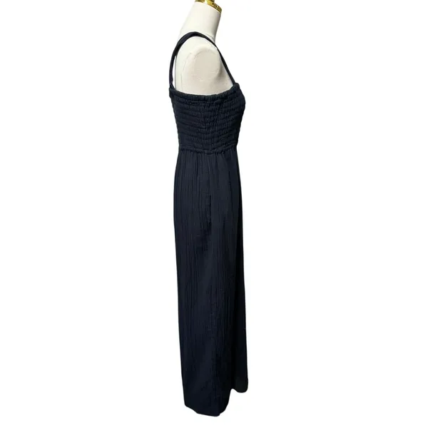 Quince 100% Organic Cotton Gauze Smocked Wide Leg Jumpsuit, Navy Blue, Size M - Image 3
