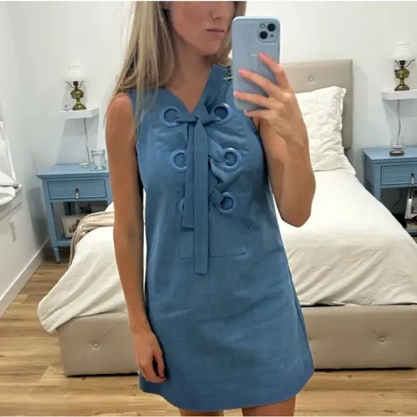 English Factory Denim Lace Up Mini Dress SMALL Shift Light Wash Western $110 - Image 5