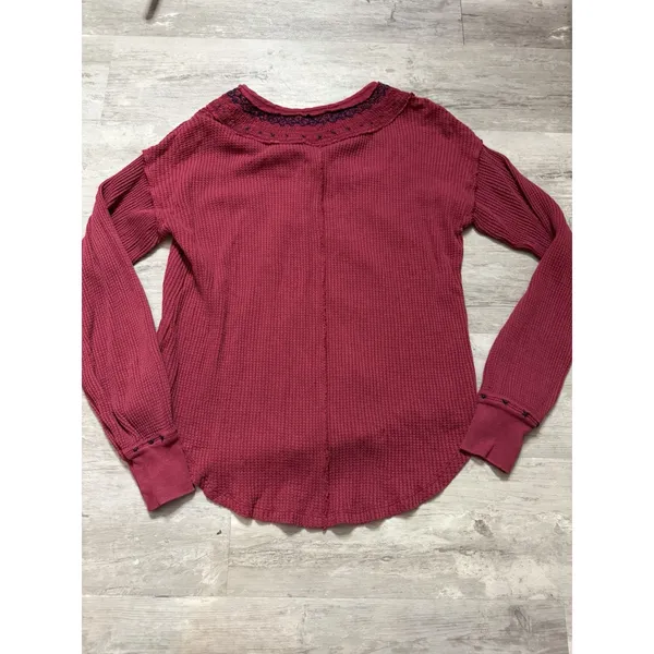 Free People Red Waffle Knit Henley Top Fair Isle Cuffs Boho Apres Size Xs A4006 - Image 6