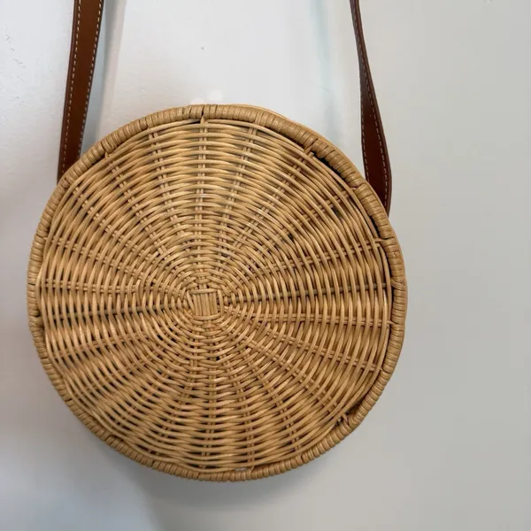 J. McLaughlin Circle Wicker Brown‎ Leather Picnic Crossbody Purse - Image 7