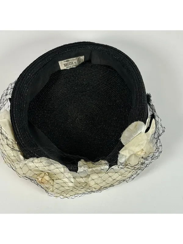 Vintage Union Made Black Pillbox Hat with Cream Floral Accents and Veil - Image 6