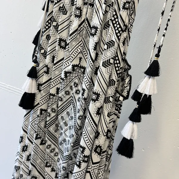 Red Carter Black White Geometric‎ Tribal Tassel Halter Maxi Dress US Large Boho - Image 6