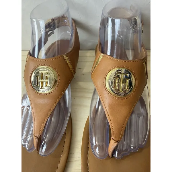 Tommy Hilfiger Women Thong Sandals Brown Ankle Strap Gold Buckle Open Size 8 M - Image 5
