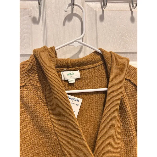 Aerie Womens Mustard Yellow Waffle Knit Oversized V-Neck Pullover Hoodie L/G NEW - Image 3